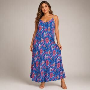 Emily Wonder Ikat Maxi Dress L Boho Resort Pocket Sundress Colorful‎